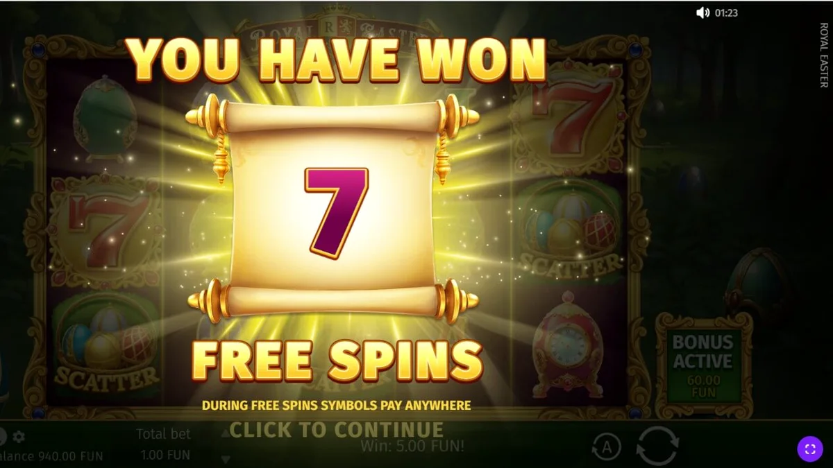 Tampilan visual mewah dari slot Royal Easter dengan latar taman istana dan telur Fabergé.