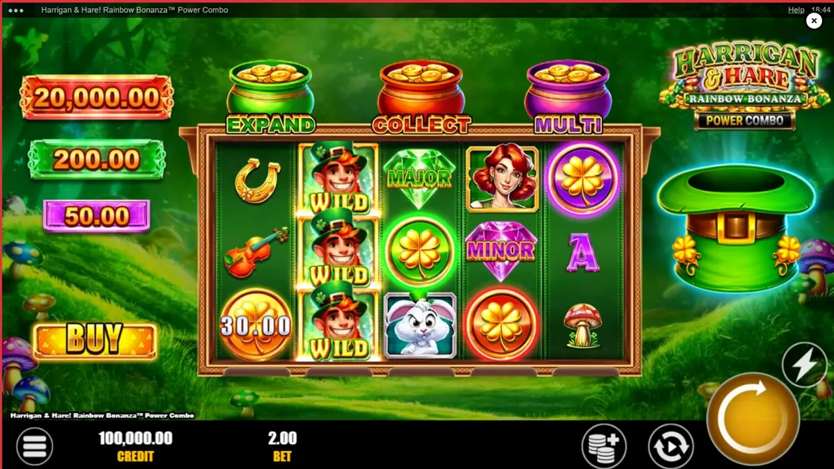 Tampilan visual slot Harrigan & Hare Rainbow Bonanza Power Combo dengan latar belakang perbukitan Irlandia dan simbol-simbol bertema keberuntungan.